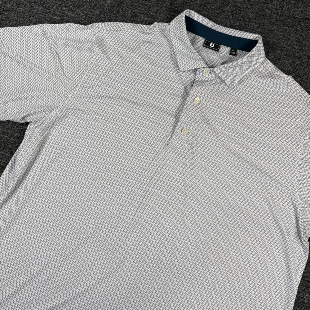 FootJoy Golf Polo Mens XL White Navy Geometric Diamond Print Short Sleeve Shirt